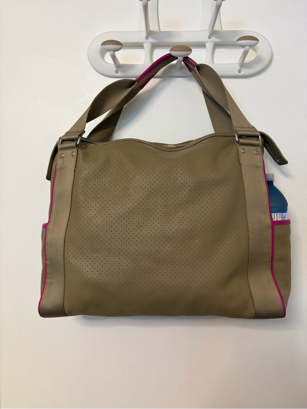 LACOSTE leather Taupe Tote Bag with Pink Trim